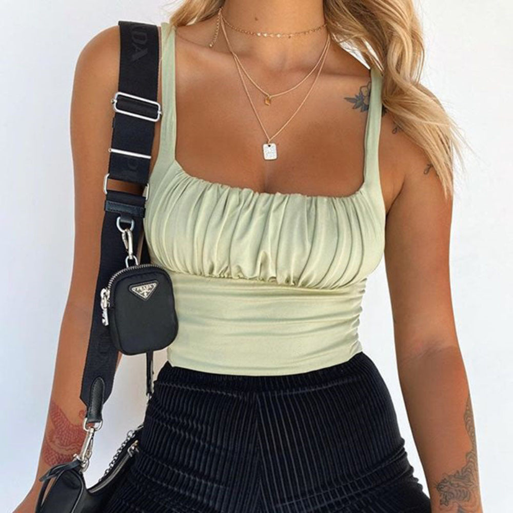 Sage Green Ruched Crop Top - Light Green Square Neck Spaghetti Strap Sleeveless Fitted Crop Top for Women