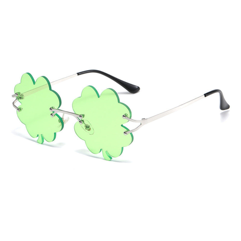 Rimless light-green shamrock sunglasses with silver temples, product photo on a white background.