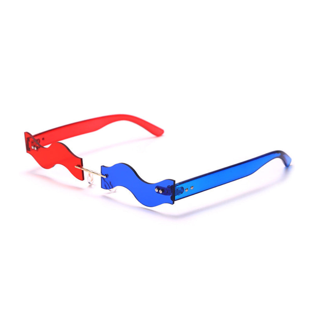 Rimless wavy sunglasses with one red lens and one blue lens, product photo on a white background.