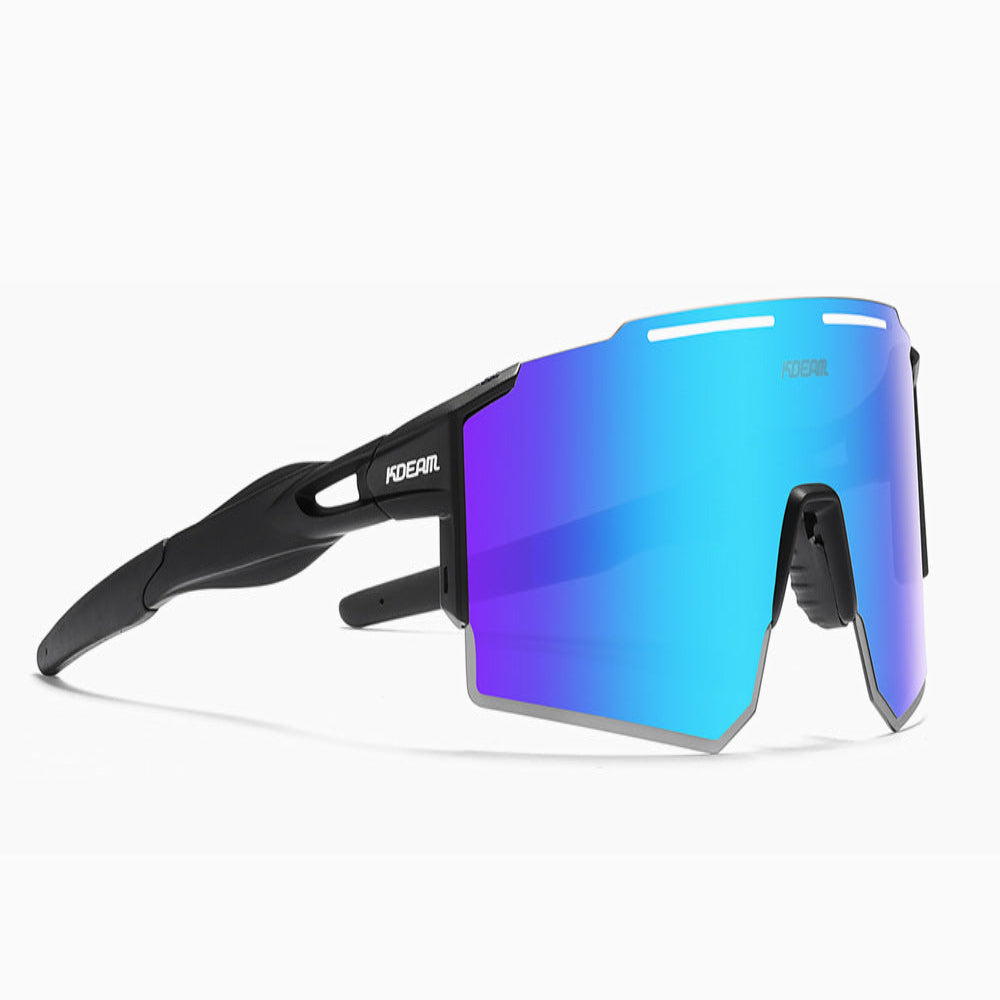 Sunglasses with black frame and blue mirrored lens on a white background