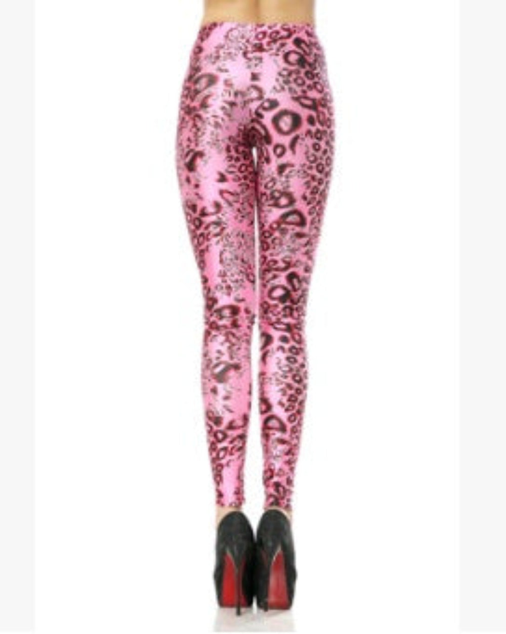 Woman modeling pink leopard print high-waisted leggings, shown from the back wearing black high heels with red soles against a clean white studio background.