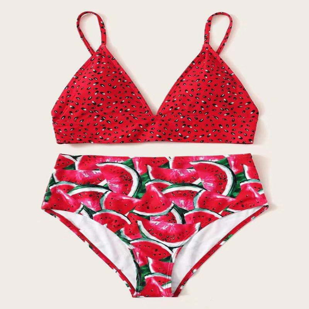 Red bikini set with watermelon pattern on a white background