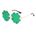 Rimless green shamrock sunglasses with gold temples, product photo on a white background.