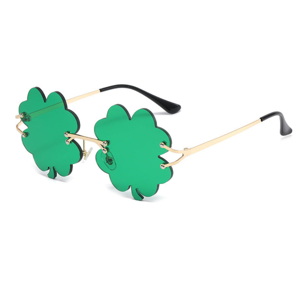 Rimless green shamrock sunglasses with gold temples, product photo on a white background.