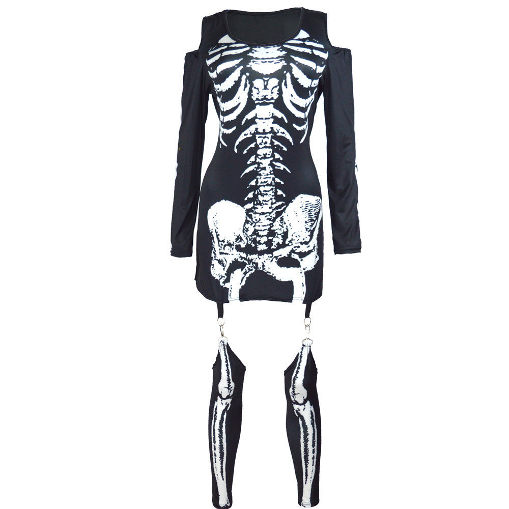 Skull Skeleton Print Off-Shoulder Costume - Halloween 2025