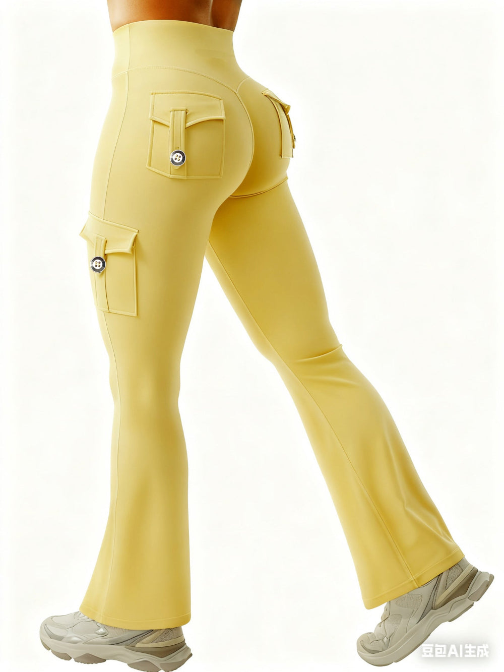 Woman modeling yellow high-waisted flared cargo pants with side and back pockets, shown from a rear three-quarter view against a clean white studio background.