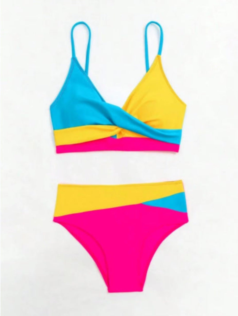 Women's Colorful Twist Front Bikini Set - Blue Yellow Pink High-Waisted Two Piece Swimsuit - Full Flat Lay View