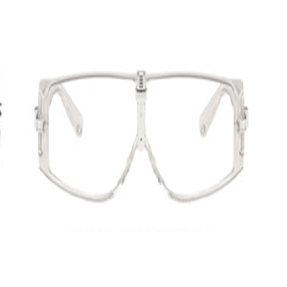 Transparent white oversized rectangular shield sunglasses featuring a futuristic design, thick frame, and prominent silver metallic center bridge with clear lenses
