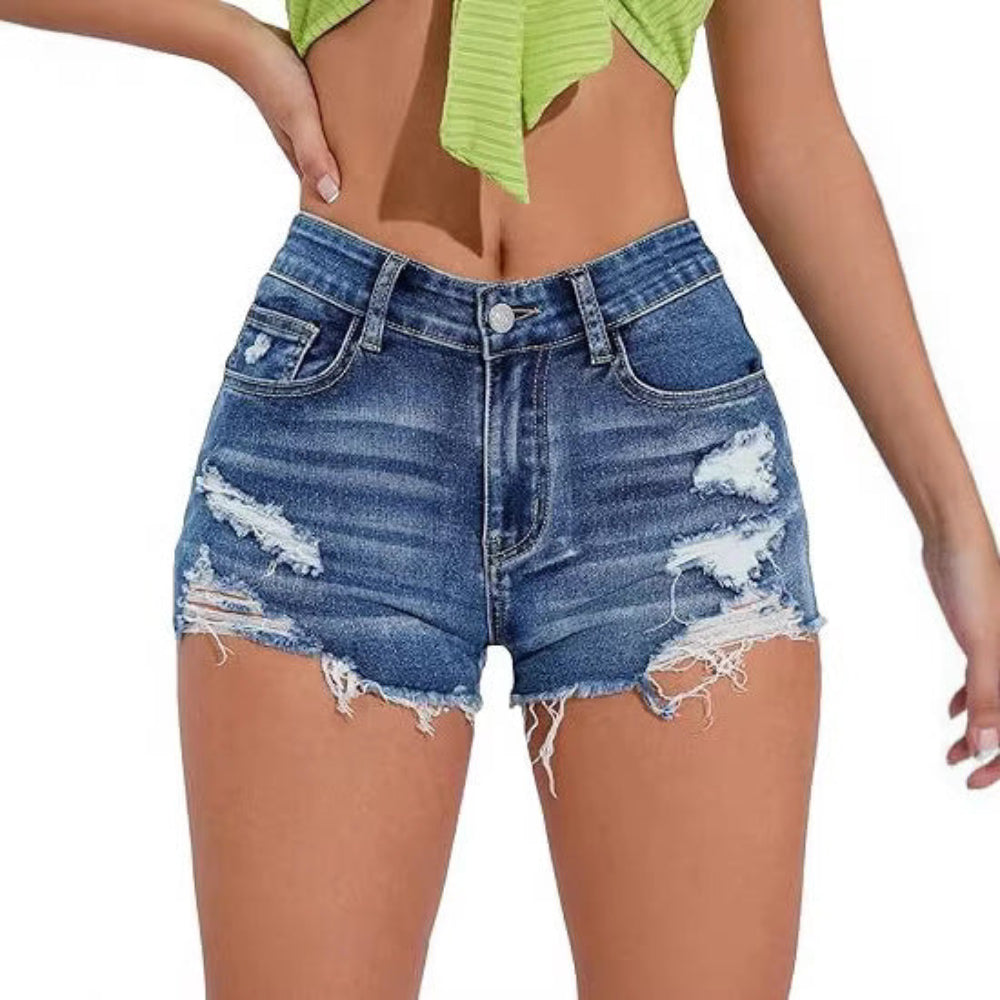 Light Blue Ripped Raw Hem High-Waist Pop Denim Shorts