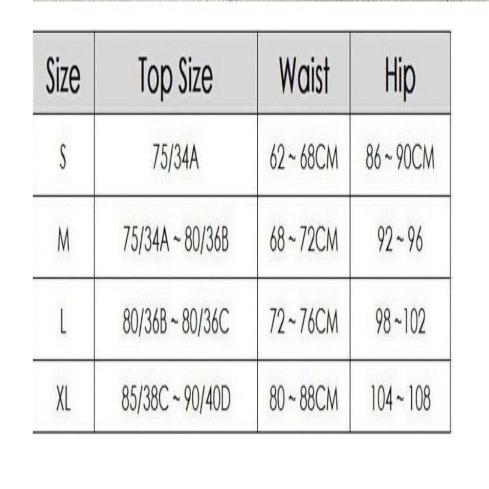 Size chart for top measurements including waist and hip dimensions.