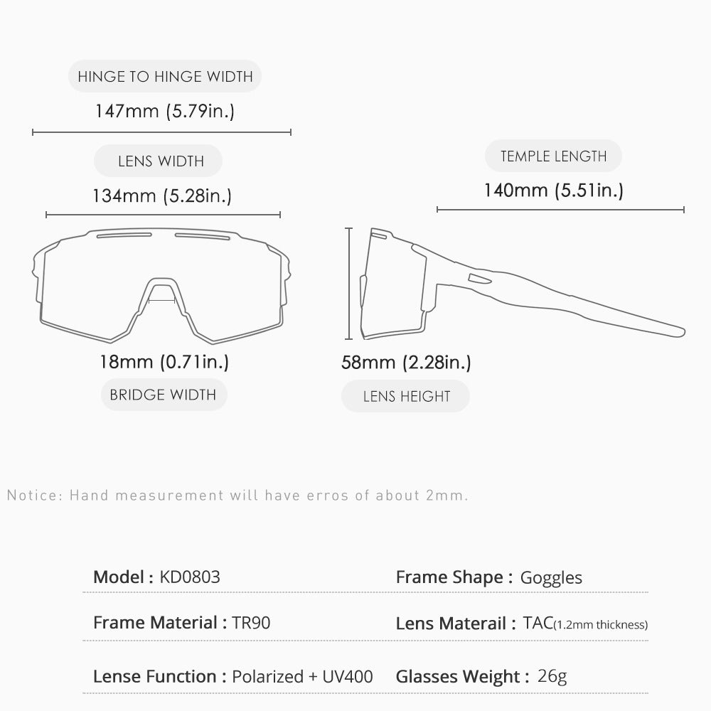 Technical specifications of a pair of sunglasses with dimensions and material details.