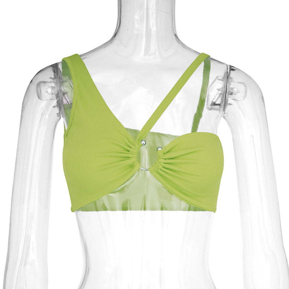 Lime green ribbed bralette with front ruched gathering, silver O-ring hardware, and adjustable crisscross back straps, displayed on a clear mannequin.