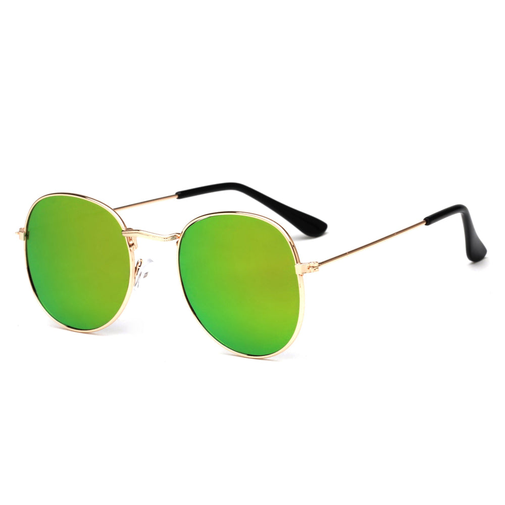 Stylish gold metal round sunglasses featuring vibrant green mirrored reflective lenses and sleek black temple arms