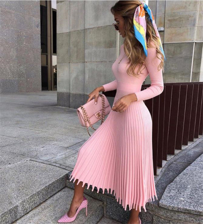 Elegant Pink Pleated Dress – Soft Cotton Long-Sleeve Midi