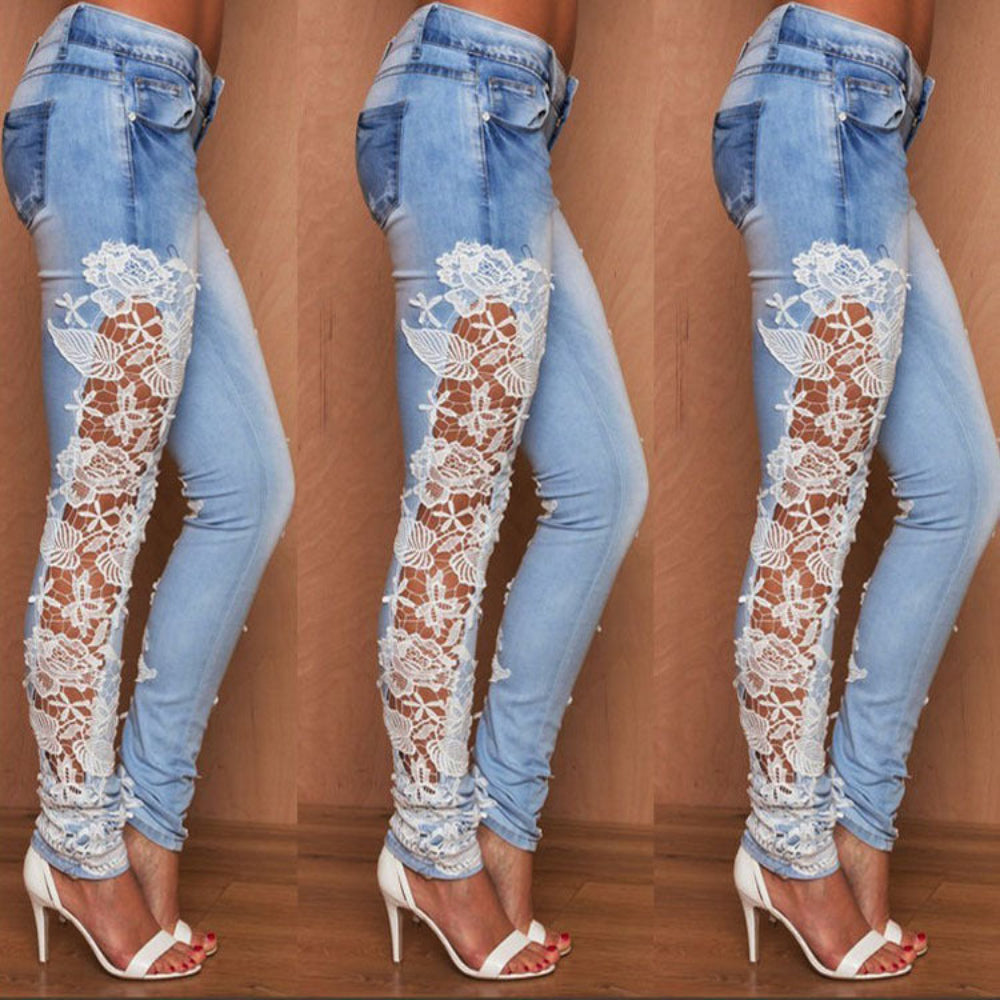 Three side views of woman modeling light blue skinny jeans featuring intricate white floral lace panels along the legs and lace trim at the ankles, styled with white high heels. Trendy fashion product photography for Boutique Jolie.