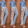 Three side views of woman modeling light blue skinny jeans featuring intricate white floral lace panels along the legs and lace trim at the ankles, styled with white high heels. Trendy fashion product photography for Boutique Jolie.