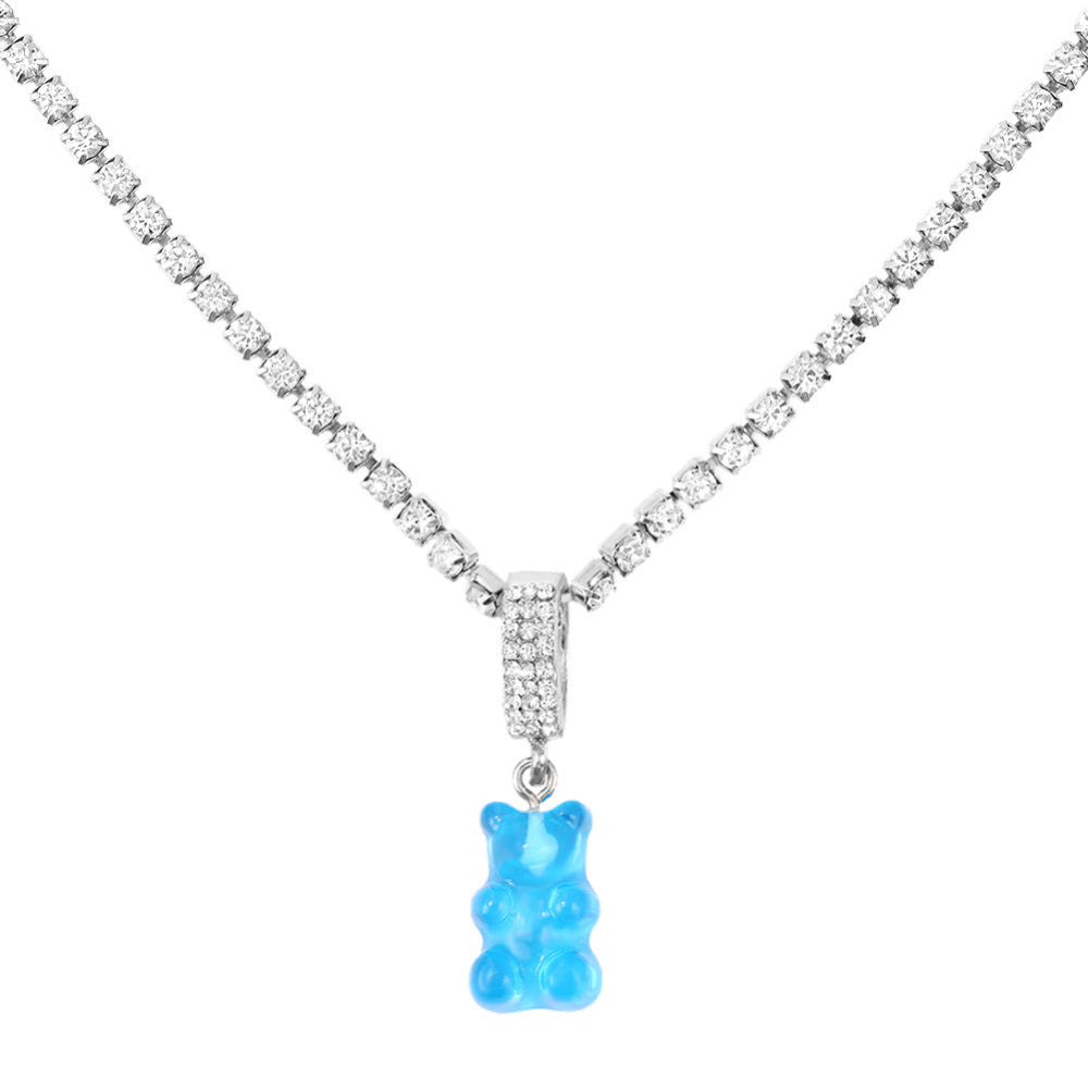 Tennis chain necklace with blue gummy bear pendant – trendy silver bling chain with fun bear charm, statement jewelry.