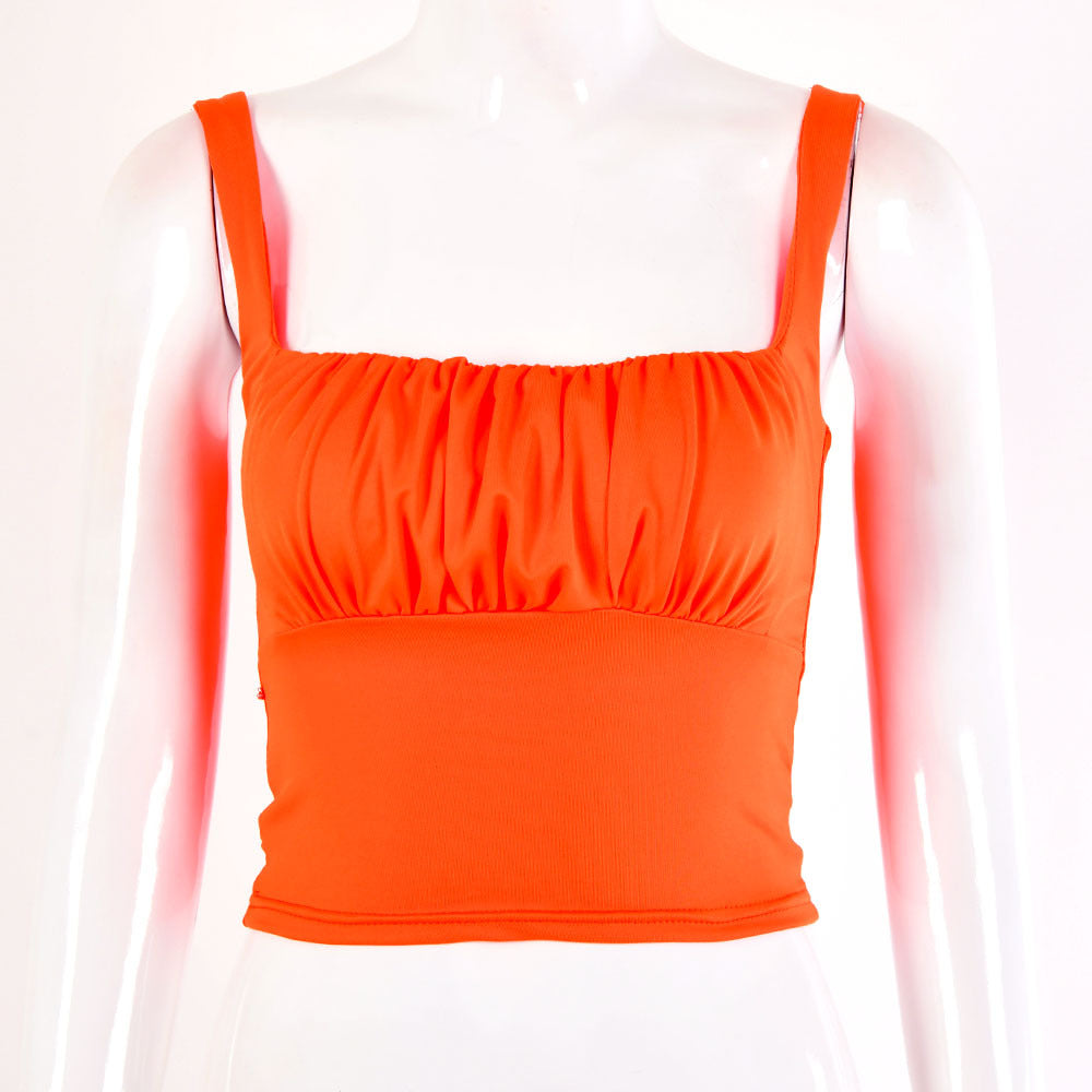 Orange Ruched Crop Top - Bright Orange Square Neck Spaghetti Strap Sleeveless Fitted Crop Top for Women
