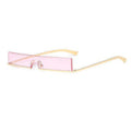 Rimless rectangular sunglasses with pink lenses and gold temples, product photo on a white background.