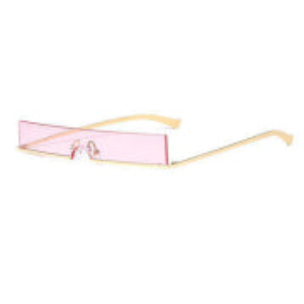 Rimless rectangular sunglasses with pink lenses and gold temples, product photo on a white background.
