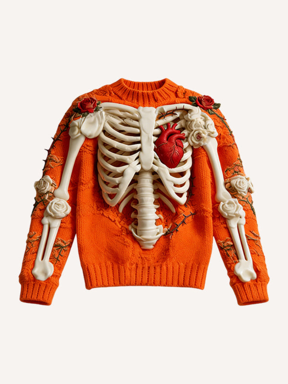 Orange knit sweater with a 3D ribcage, red heart, roses, and thorn embroidery, product photo on a cream background.