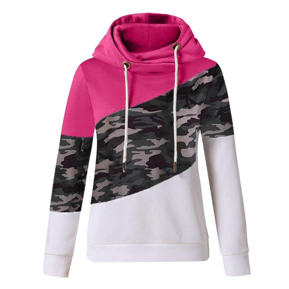 Color block cowl-neck hoodie in pink, camouflage, and white, product photo on a white background.