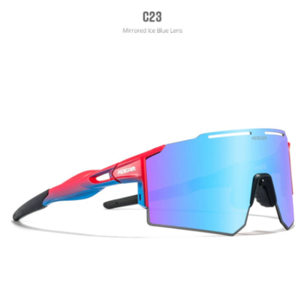 Vibrant red, blue, and black performance sport sunglasses featuring a large iridescent blue-to-purple mirrored shield lens and Oakley-inspired design