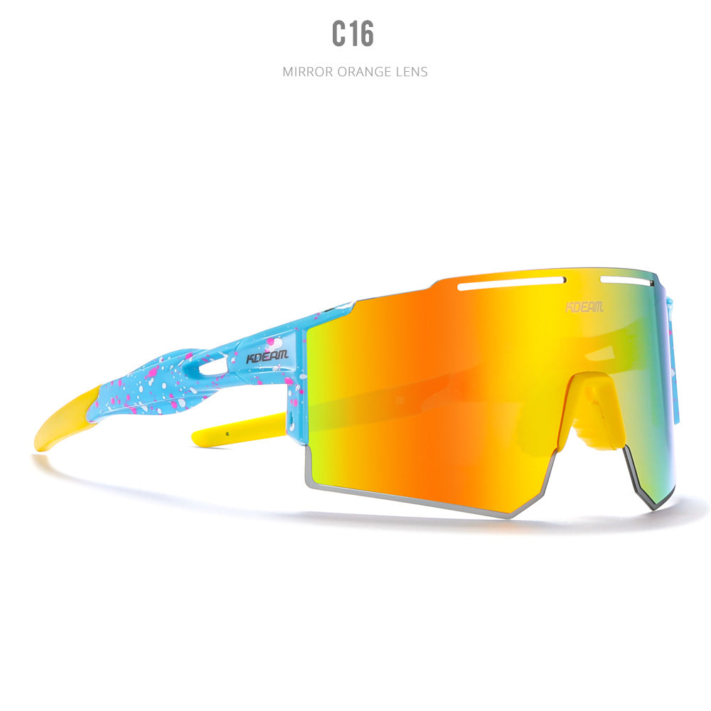 Vibrant light blue frame with pink and blue speckles sport sunglasses featuring yellow accents and a large multicolored orange-to-yellow-to-green iridescent mirrored shield lens