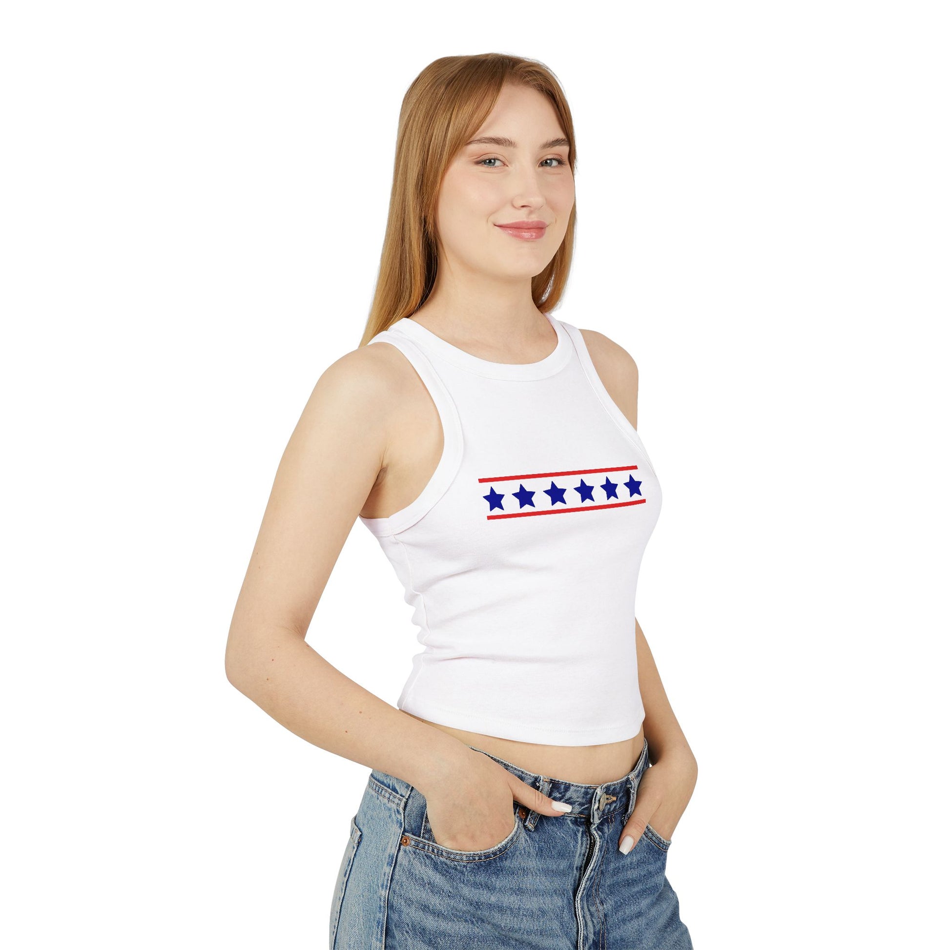 4th of July Red, White, and Blue Stars Women's Micro Rib Racer Tank Top