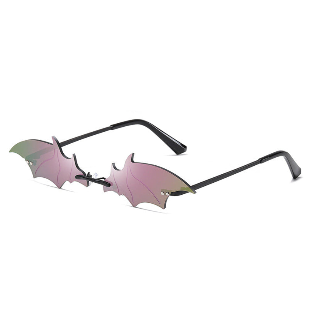 Rimless pink-to-green gradient bat-wing sunglasses with black temples, product photo on a white background.