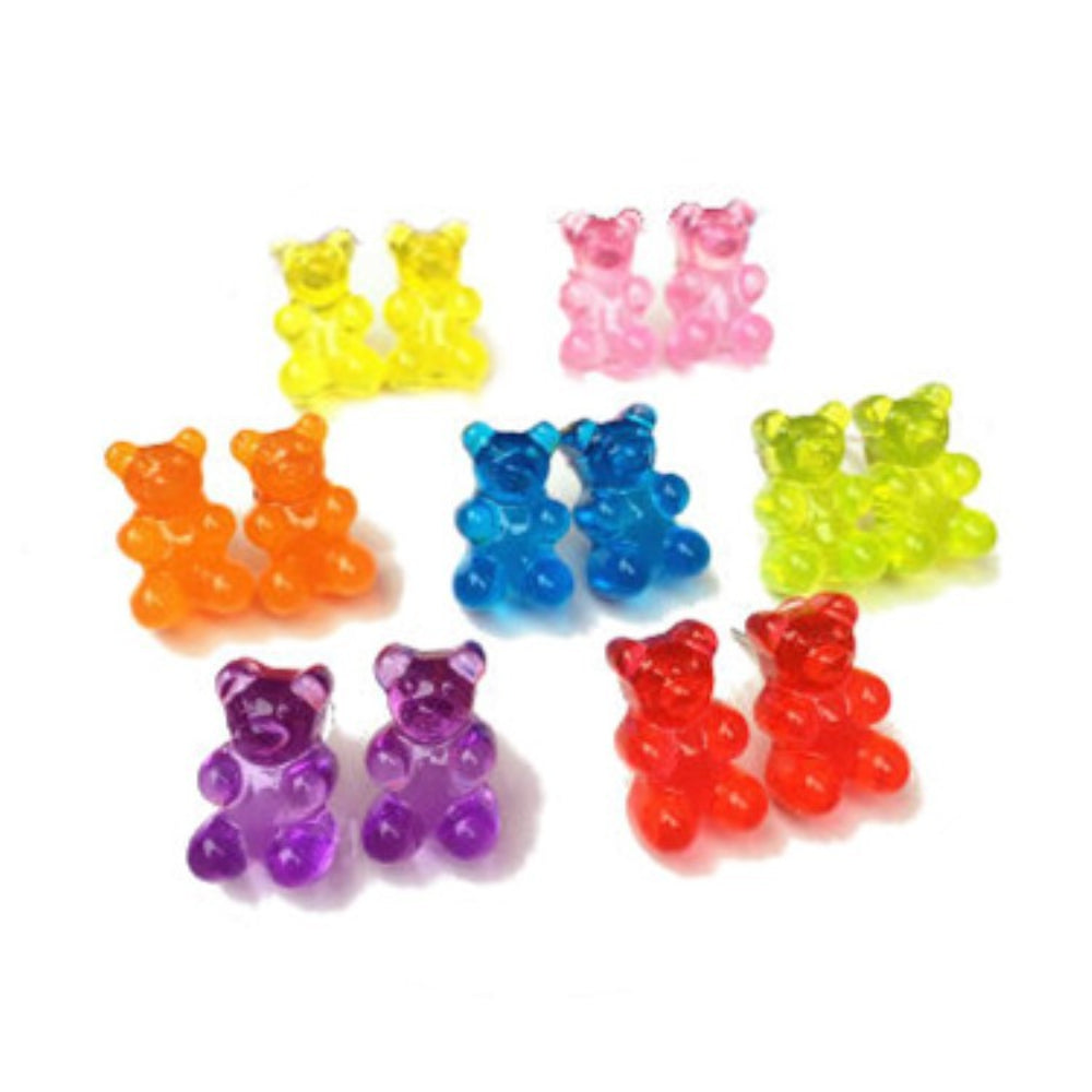 Assorted rainbow gummy bear earrings featuring translucent jelly bear studs in yellow, pink, lime green, orange, blue, purple, and red.