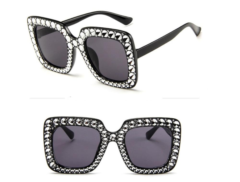 Black oversized square sunglasses with dark lenses and crystal-studded frames, product photos on a white background.