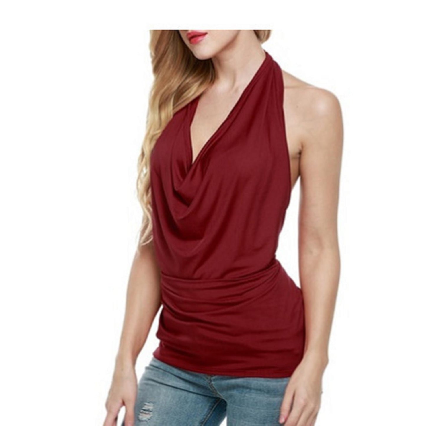 Slim Halter Sleeveless Deep V Swing Neck Halter Top