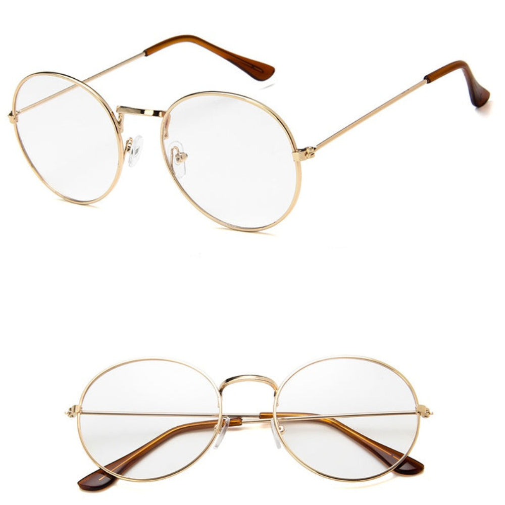 Stylish gold metal round sunglasses featuring clear lenses and classic tortoiseshell-patterned arms, shown from multiple angles