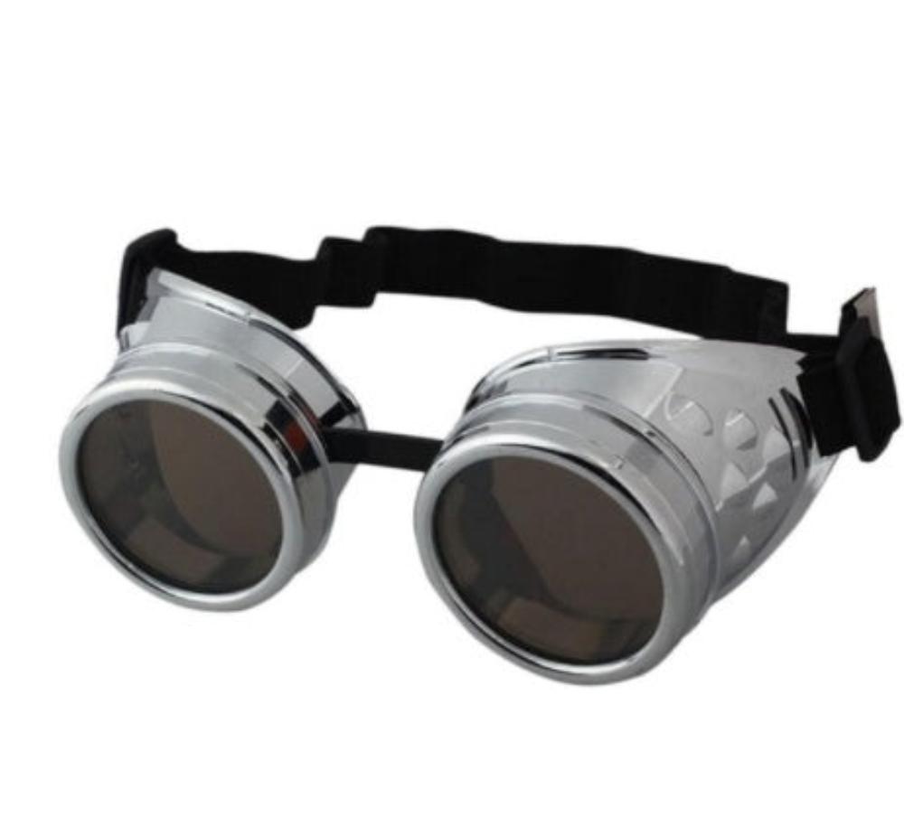 Silver steampunk welding goggles with dark round lenses and a black elastic strap, product photo on a white background.