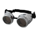 Silver steampunk welding goggles with dark round lenses and a black elastic strap, product photo on a white background.