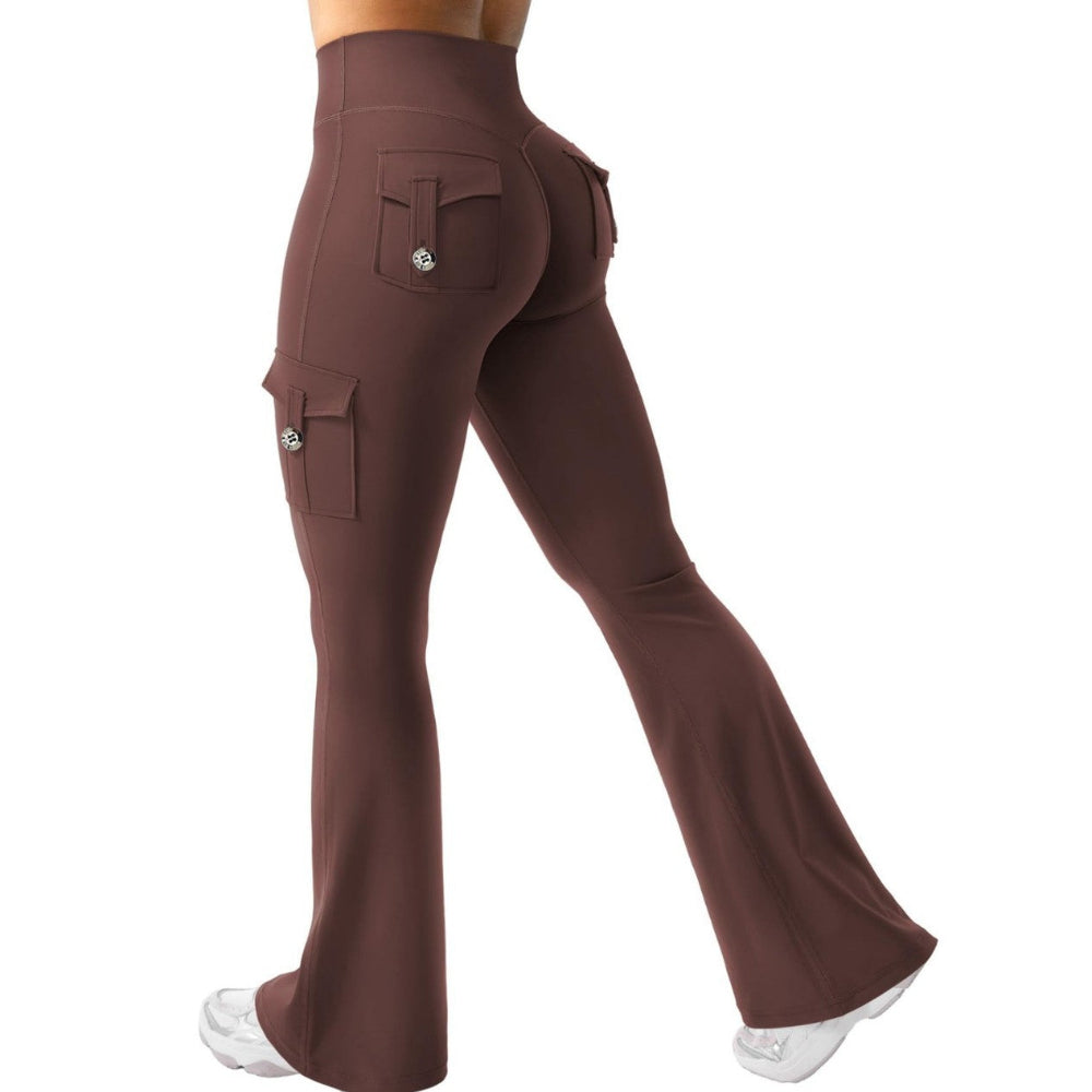 Woman modeling brown high-waisted flared cargo pants with side and back pockets, shown from a rear three-quarter view against a clean white studio background.