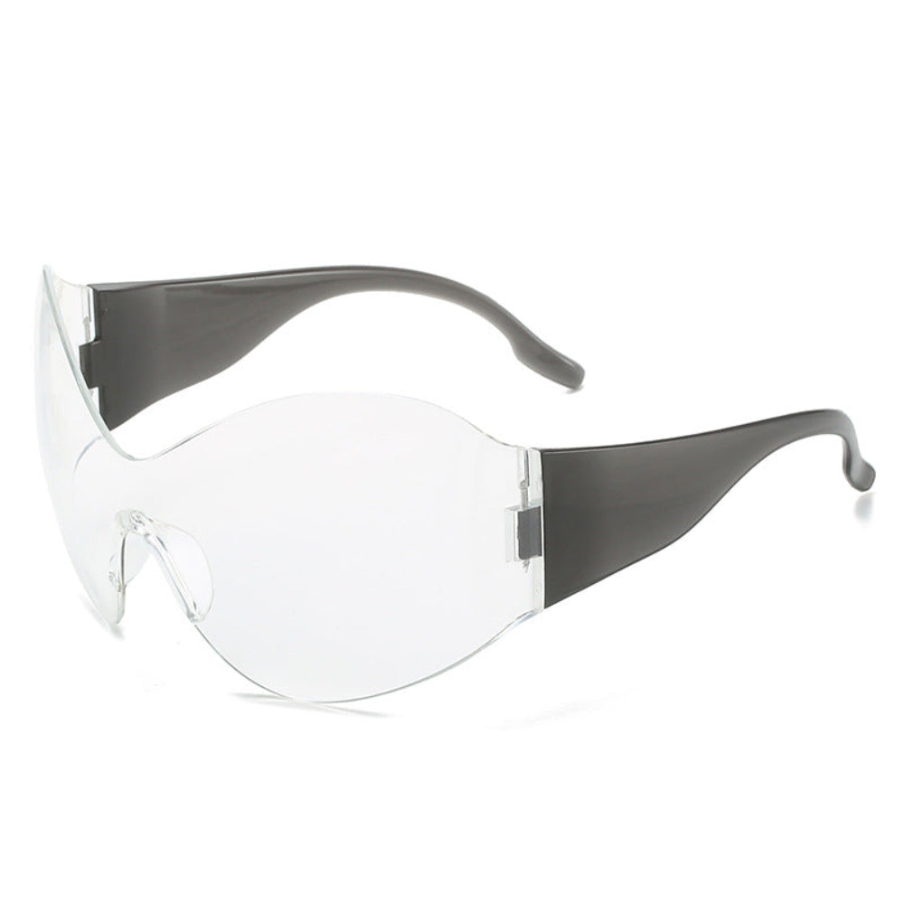 Clear safety goggles with black frames on a white background