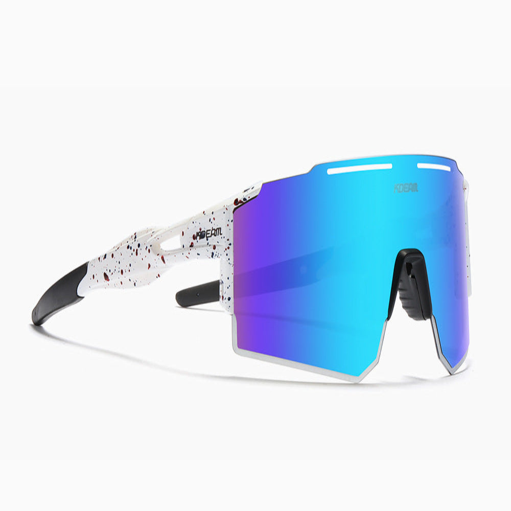 Sunglasses with blue reflective lenses on a white background