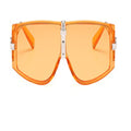 Translucent orange oversized shield sunglasses with silver center bridge and orange tinted lenses