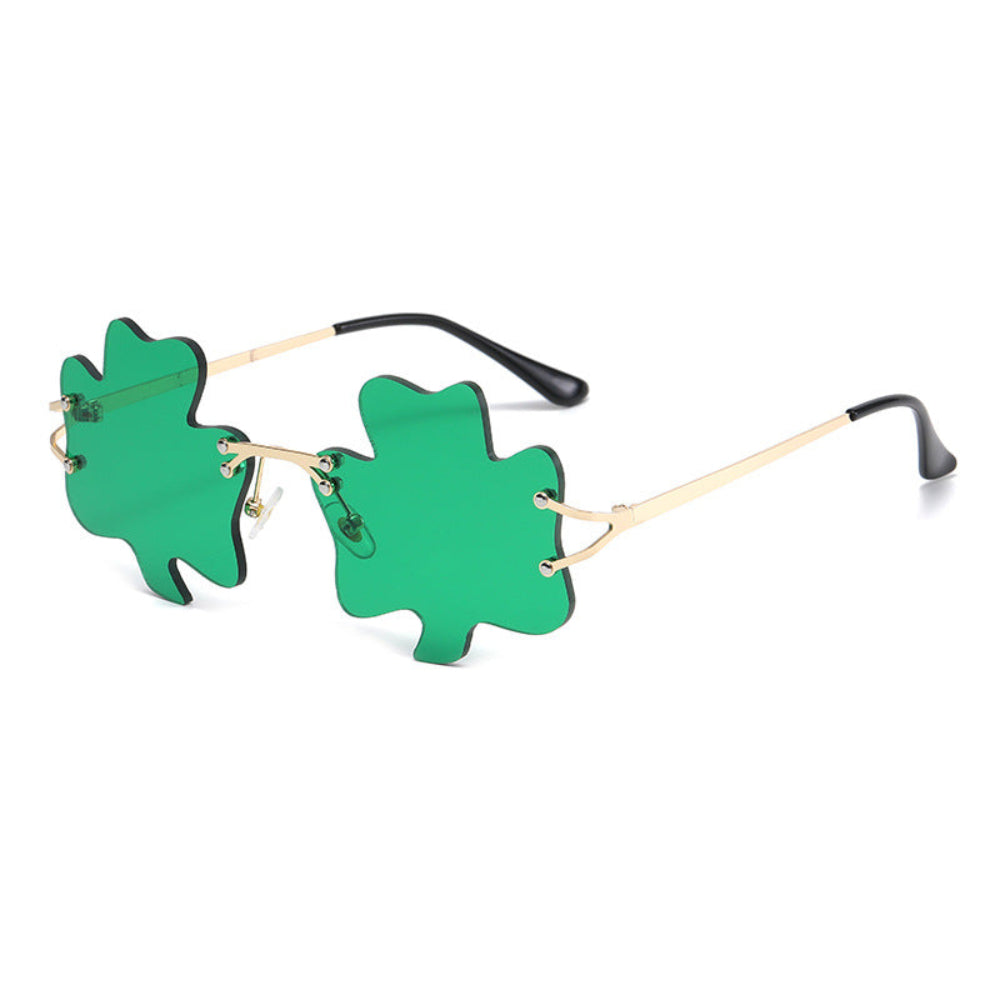 Rimless green shamrock sunglasses with gold temples, product photo on a white background.