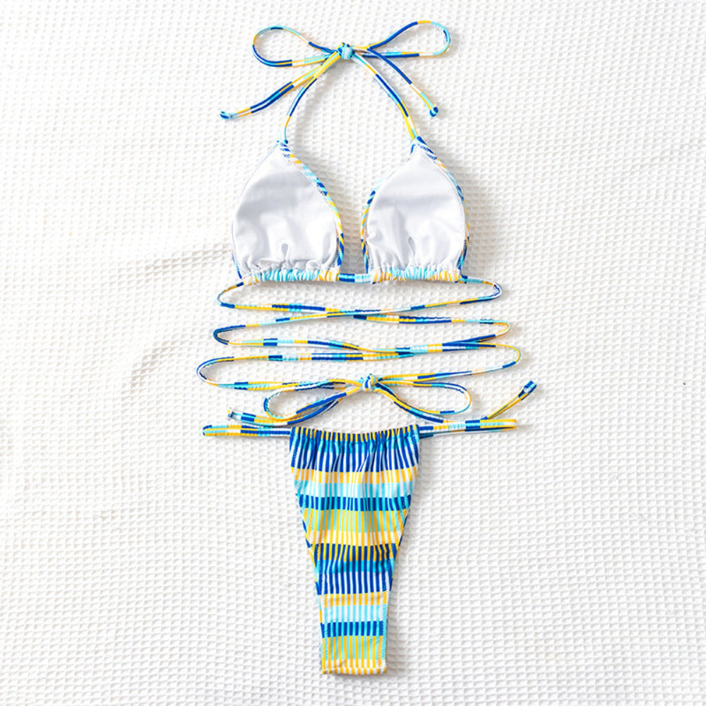 Two-piece swimsuit with blue and yellow striped design on a white background