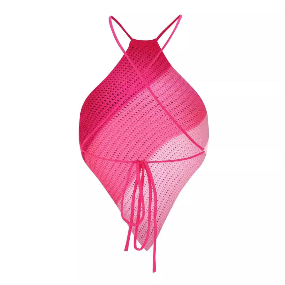 Hot pink ombre knit halter top with crisscross back ties and drawstring detail.
