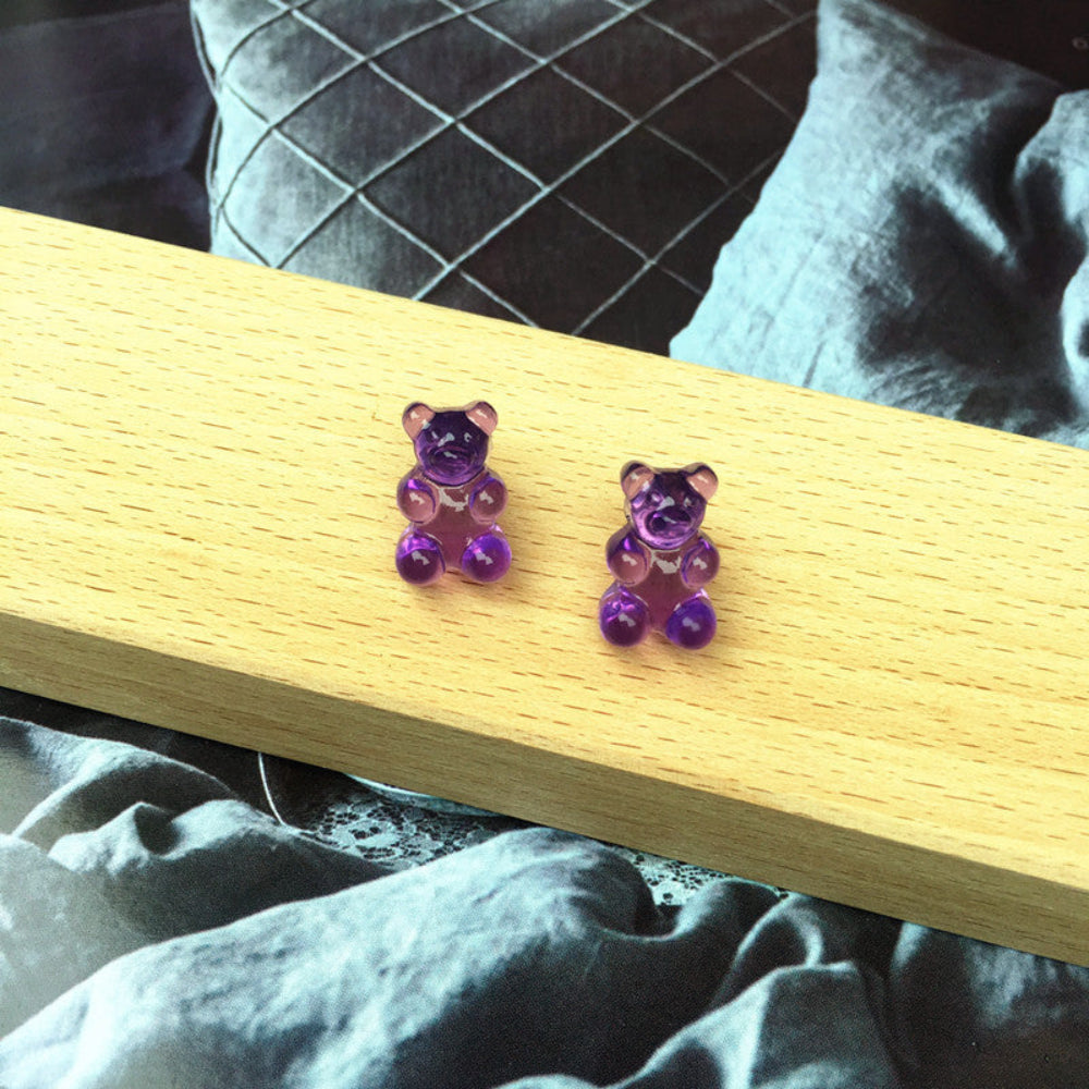 Vibrant purple translucent gummy bear stud earrings, cute jelly candy bear design with earring posts