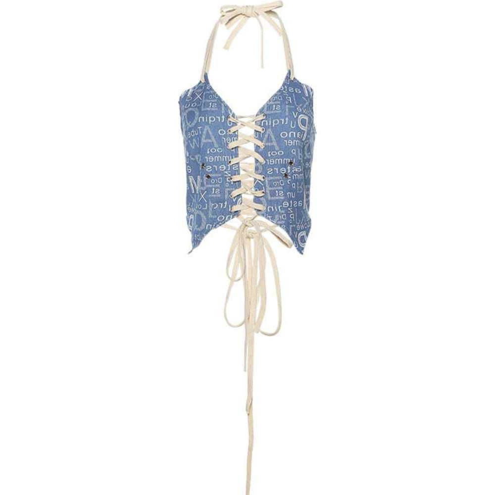 Blue number print halter crop top with white lace-up corset front, adjustable halter neck ties, and long dangling tie strings. Features an all-over white numeric pattern on blue fabric.