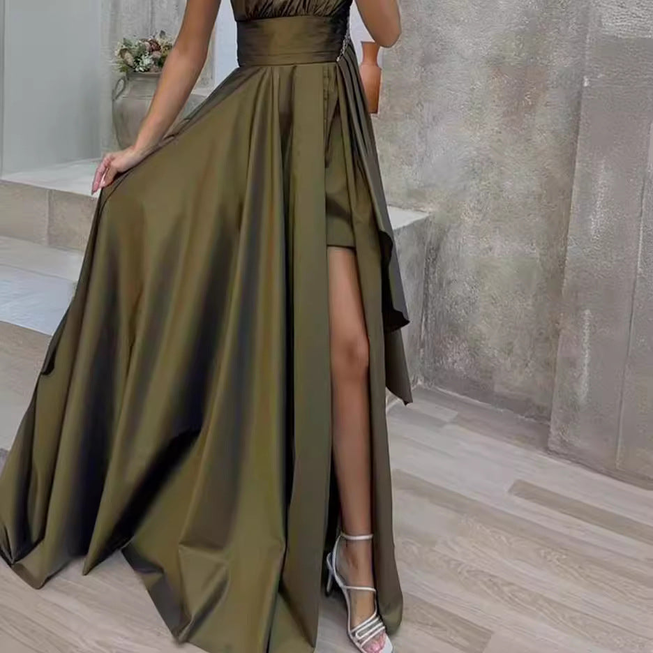 Women’s One-Shoulder Layered Evening Dress in Army Green