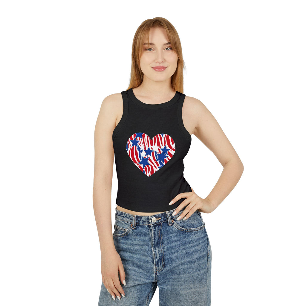 Women's Patriotic Zebra Print Crop Top, 4th of July Stars Micro Rib Tank
