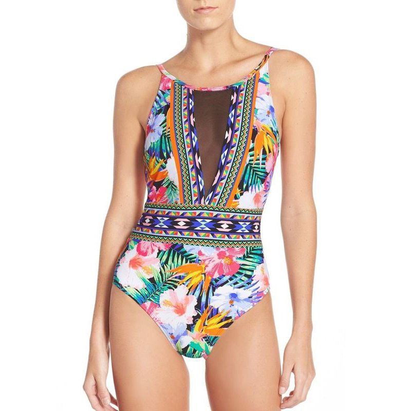 Floral Mesh Patchwork One-Piece Swimsuit – High Cut Women’s Bathing Suit