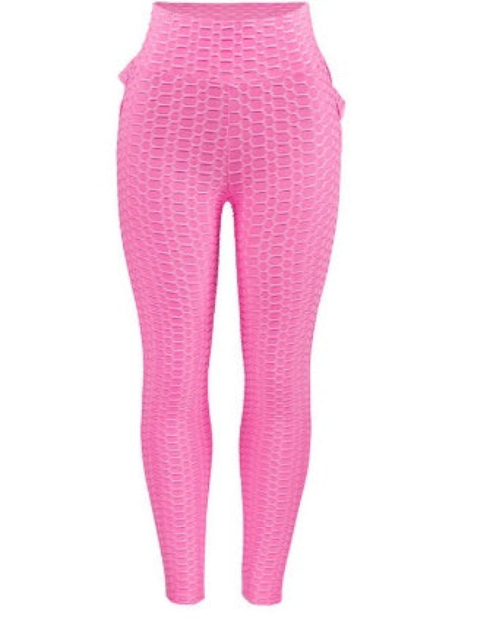 Bright pink high-waisted textured leggings with a bumpy honeycomb pattern, shown full-length from the front against a clean white studio background.