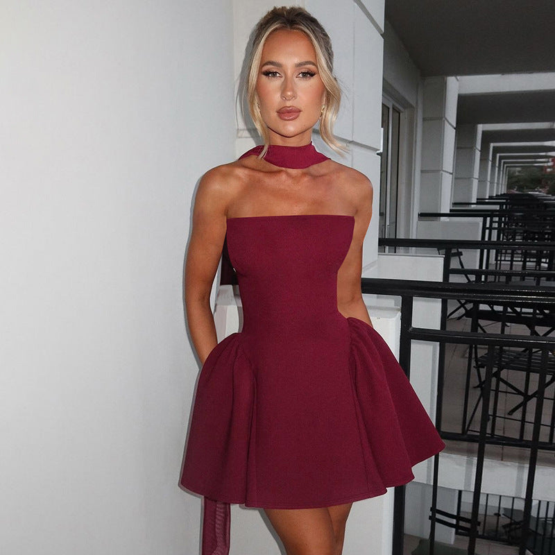 Sexy Tube Top Mini Dress – Backless Short Party Dress with Zipper Design